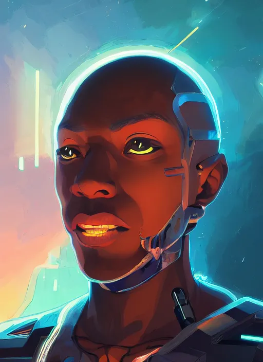 Prompt: detailed digital painting portrait of young black man cyborg with holographic computer displays hovering in front of his face, digital painting artstation, fanart behance hd by jesper ejsing, by rhads, makoto shinkai and lois van baarle, ilya kuvshinov, rossdraws, dramatic sunset, global illumination, radiant light, detailed and intricate environment