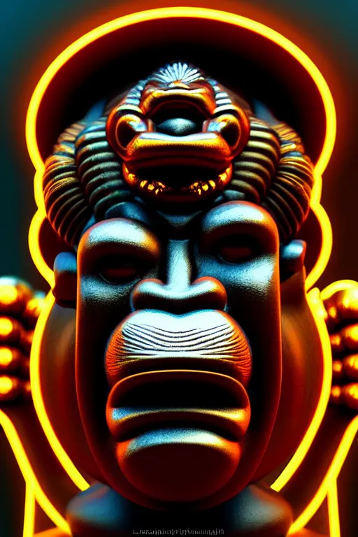 Image similar to high quality 3 d render post - rococo cyberpunk hanuman! head building, neon madhubani, open mouth, highly detailed, in sci - fi mumbai, cinematic smooth unreal engine, lee madgwick & liam wong, dramatic light, low angle, uhd 8 k, sharp focus