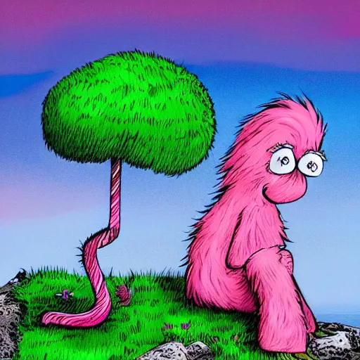 Prompt: dr. seuss sad lonely pretty pink fluffy depressed creature on an island | female | cute but very sad | pity | midnight paintings | intricate detail | bold colors | illustration | lonely barren dreary island | detailed environment