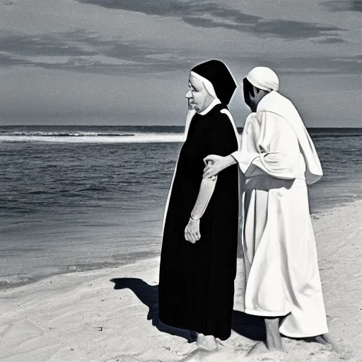 Prompt: a nun and a priest wearing swimsuits on the beach at sunset, 1967, photograph style, high definition, award winning