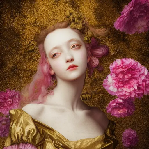 Image similar to 8k, octane render, realism, tonalism, renaissance, rococo, baroque, portrait of a young lady wearing long harajuku manga dress with flowers and skulls standing in a renaissance park, chaotic gold leaf flowers