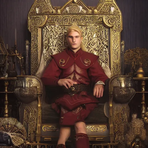 Image similar to the elder scrolls vi, charismatic regal blonde high elf male jarl, portrait, exquisitely designed throne room, atmospheric lighting, painted, intricate, volumetric lighting, beautiful, daytime, sunny weather, sharp focus, deep colours, ultra detailed, by leesha hannigan, ross tran, thierry doizon, kai carpenter, ignacio fernandez rios