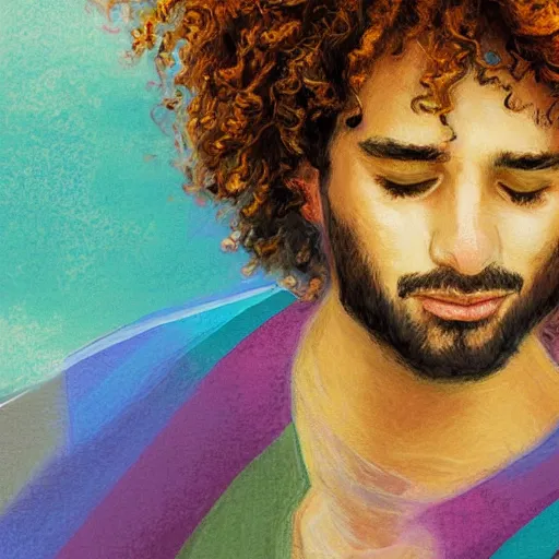 Image similar to arab man with curly hair skydiving, pastel colors, digital painting, impressionist, figurative, intricate details, dreamy, fairylike