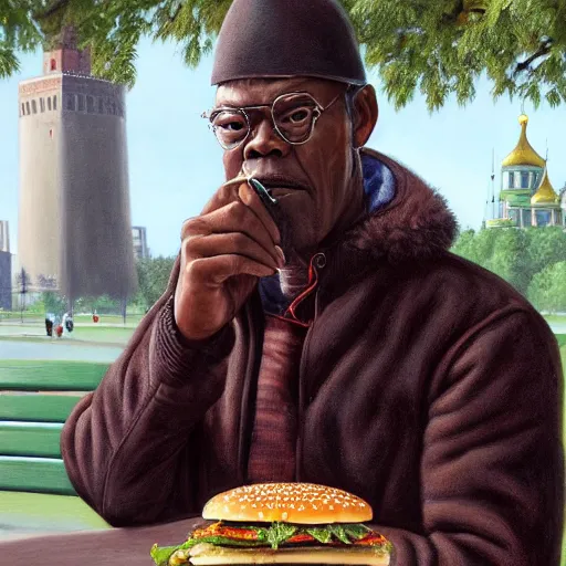 Image similar to highly detailed portrait painting of young samuel l jackson eating burger sitting on bench near moscow kremlin, balalaika, perfect symmetrical eyes, by eddie mendoza and tyler edlin, 8 k resolution