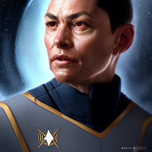 Prompt: UHD Photorealistic Felline-human hybrid Starfleet Officer wearing a spacesuit with hyperrealistic, correct details, cosmic dynamic lighting, symmetrical face, accurate face, by Greg Rutkowski