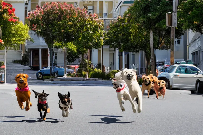 Image similar to dogs running down the street chasing the post office vehicle, wide shot, side viewpoint