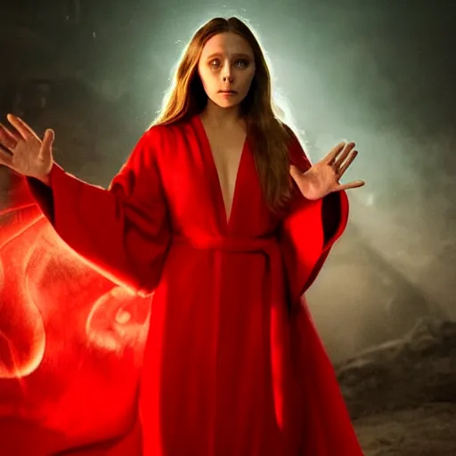 Prompt: a full body image of elizabeth olsen in a red wizards robe casting an evil spell, detailed face, red swirls, ominous lighting, night time, high quality