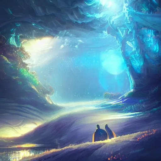 Prompt: Quantum ghostwave entanglement, intricate, elegant, fantasy, highly detailed, digital painting, concept art, sharp focus, illustration, beautiful volumetric lighting, epic light, artstation, magic hour lighting, colorful, sunshine, springtime, art by Sylvain Sarrailh