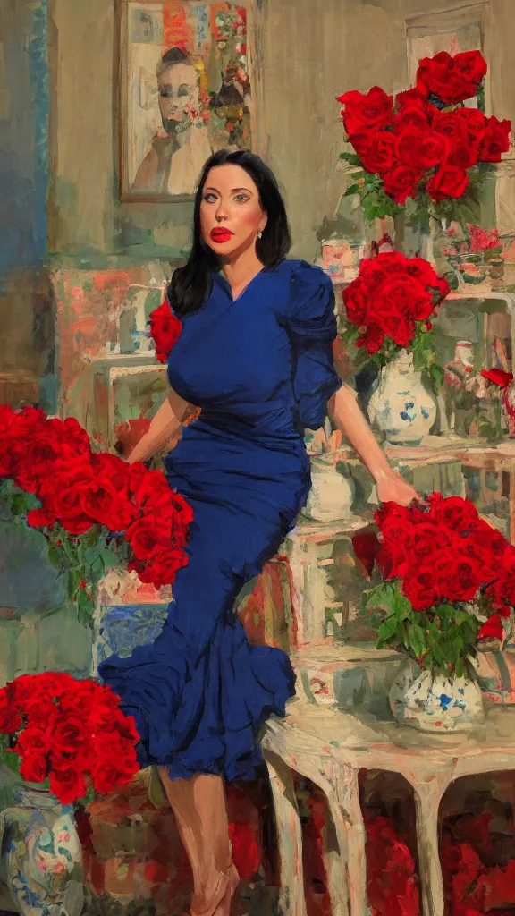 Image similar to portrait of rebekah delrio in lynch pattern dress beside of a big persian detailed pot of red roses, blue and red lights, mulholland drive, painted by craig mullins