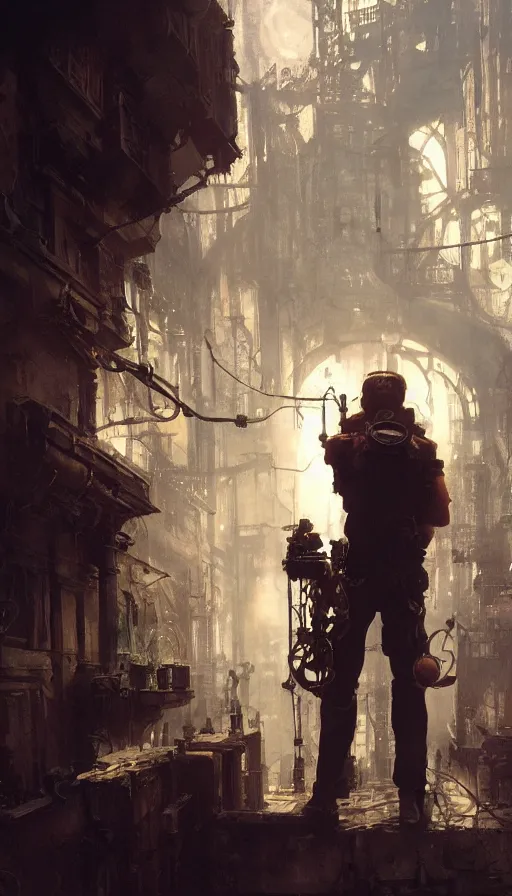 Image similar to hyper realistic photographer looking through camera towards viewer, magical, steampunk, painted by mike mignola, craig mullins, j. c. 8 k