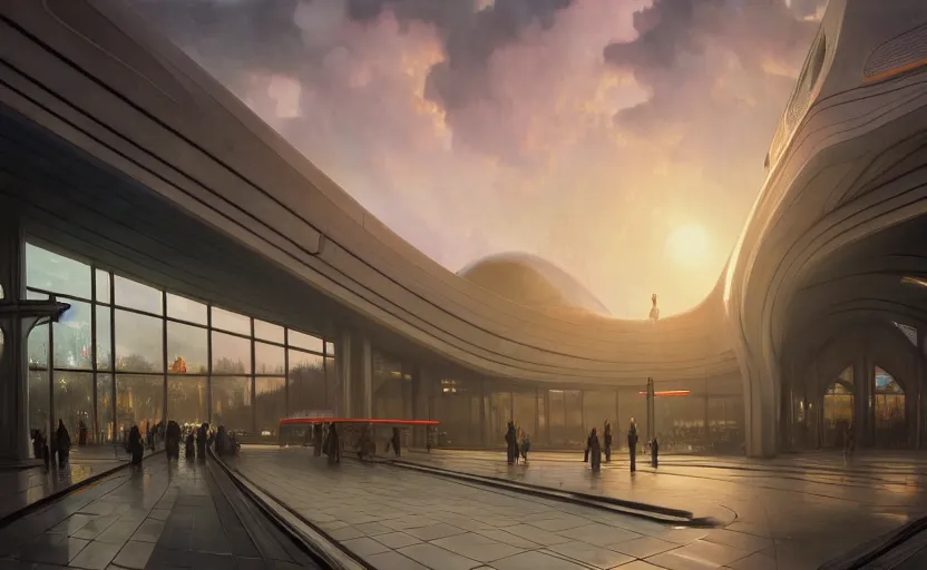 Prompt: exterior shot of utopian train station with cinematic lighting by zaha hadid and renzo piano, darek zabrocki and greg ruthkowski, alphonse mucha, simon stalenhag, cinematic, holy place, paradise, scifi, futurism, atmospheric, sunset, concept art, artstation, trending on artstation