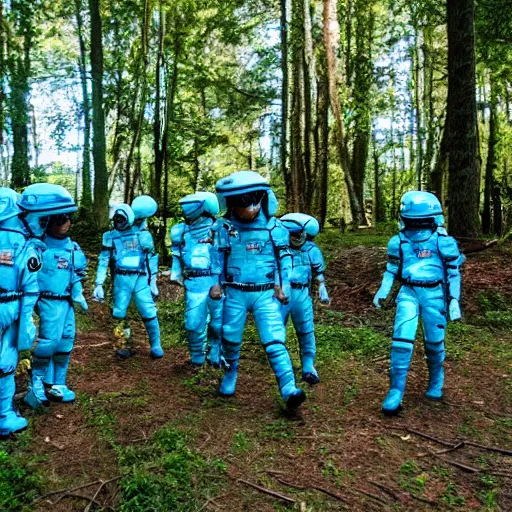 Prompt: a squad of space scouts wearing cyan camo uniforms with white armor and helmets exploring a forest planet