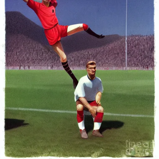 Image similar to Fritz Walter standing above Kaiserslautern as a football god, digital art, colored, highly detailed