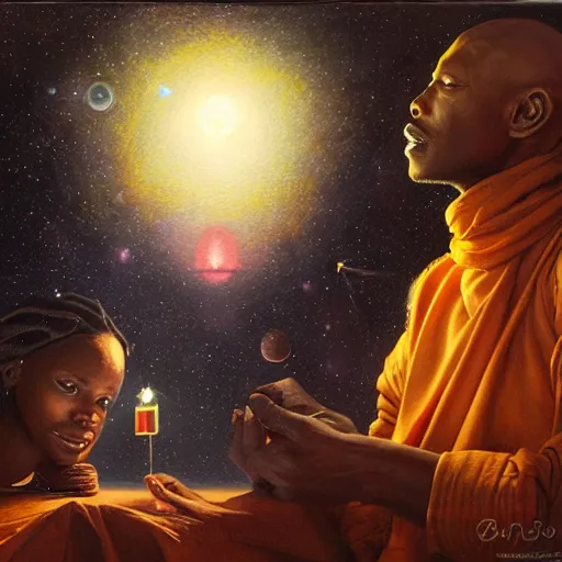 Image similar to an african psychic reading his crystal ball under a meteor shower, greg rutkowski and android jones and amanda sage, oil on canvas, 8k