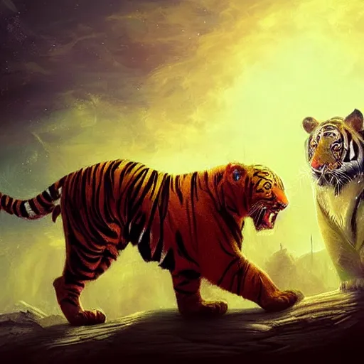 Image similar to A Wizard battling a Tiger, Photo Credit: National Geographic, digital art, masterpiece; trending on ArtStation; by MotG digital painting by R.J. Palmer; by Anato Finnstark