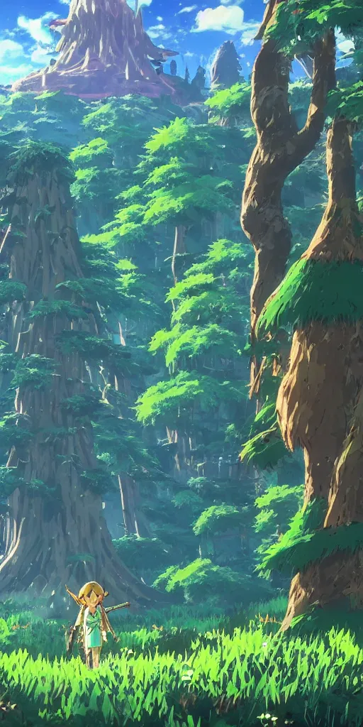 Prompt: epic cannabis tree forest, link and zelda high af smoking blunt, vivid tones, wide angle, by miyazaki, nausicaa, studio ghibli, breath of the wild