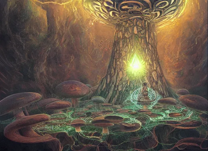 Image similar to mushroom deity inside void manifold, timeline nexus, ascending universes, a dnd illustration of philosophical concept by cgsociety and james gurney