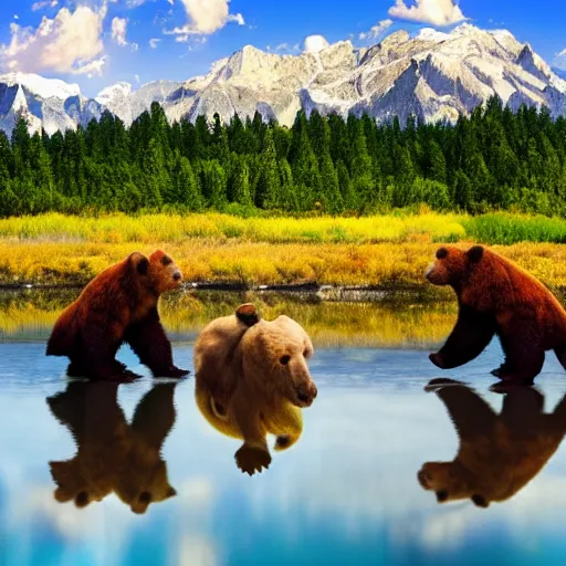 Prompt: a man riding on the back of two bears across a river, bob ross, a colorized photo by bob ross, shutterstock contest winner, fantastic realism, bob ross, national geographic photo, majestic