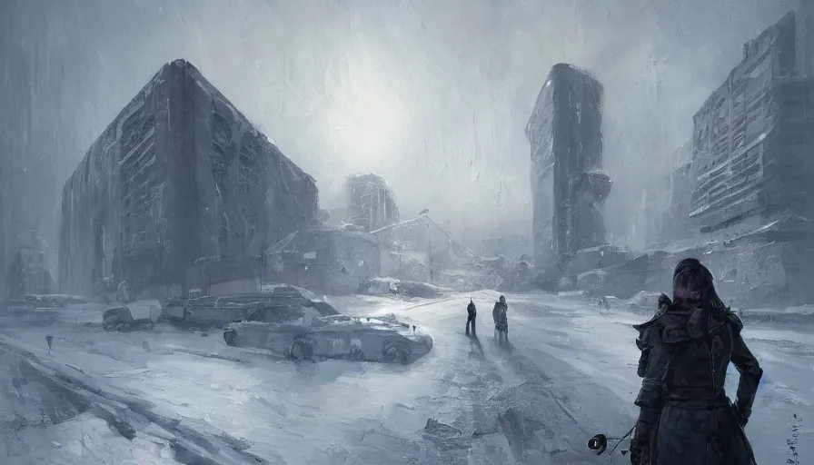 Prompt: a beautiful painting in the style of cedric peyravernay of a snowy landscape overlooked by a female spy in tactical gear, overseeing a large brutalist facility in the distance, award winning art