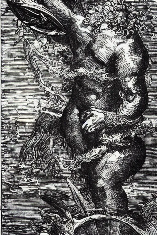 Prompt: High detailed, finely finished woodcut of James Gandolfini as Neptune riding a giant fish. Old master print by Gotlzius