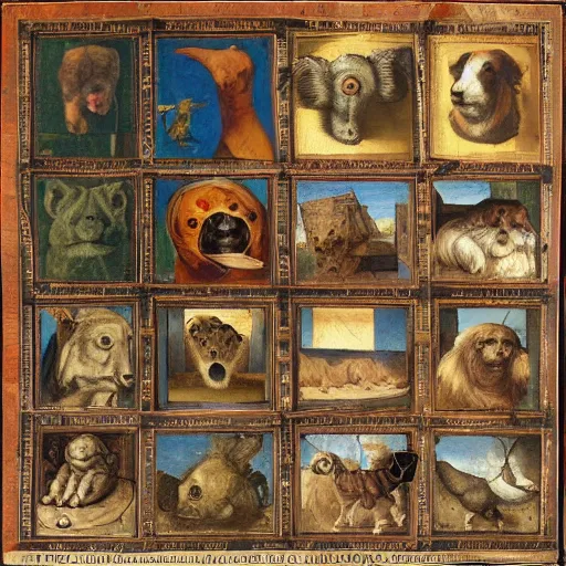 Image similar to multiple paintings by Leonardo Davinci in a 4x4 grid of various cute animals looking adorably at the camera
