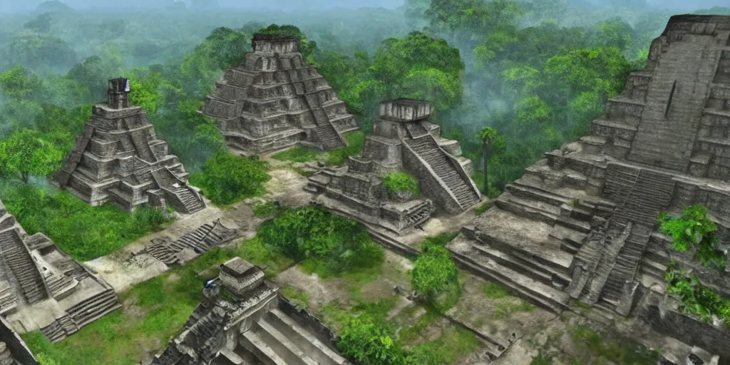 Image similar to mayan city of tikal if it was a game like grand theft auto v first person view, with realistic visuals and award winning gameplay, graffiti