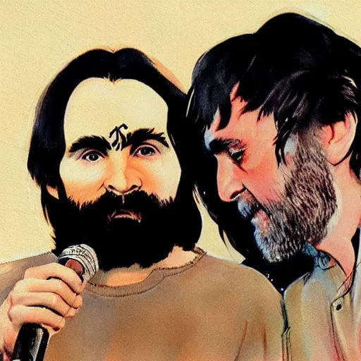 Prompt: charles manson singing with john lennon, portrait, high quality photography, realistic, detailed, uncropped, face detail,