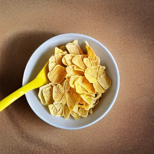 Prompt: a bowl of cornflakes in milk on a yellow table shot from above