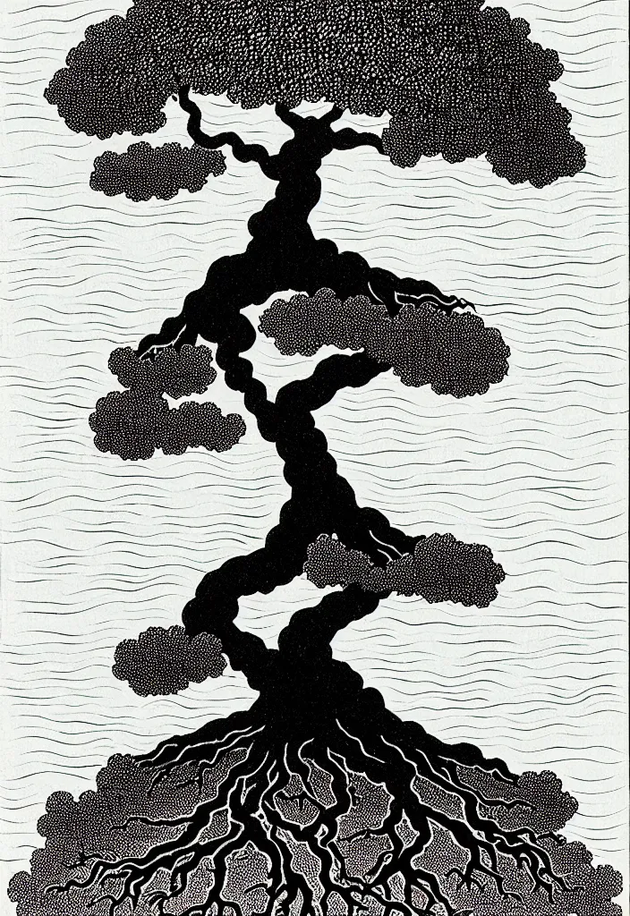 Prompt: prompt: magical white Bonsai tree roots merging into big moon drawn by Rene Magritte, Japanese woodblock print style, clean ink detailed line drawing, intricate detail, manga 1990