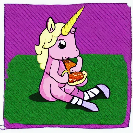 Prompt: a pretty pink unicorn character eating a little hamburger on the ground in a soccer field | digital art | cell shading | very high quality | very detailed | totally awesome | very cute | horselike | eating a little hamburger