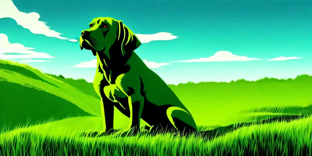 Prompt: hyperrealist, graphic novel illustration of a bulky green alien labrador retriever with shaggy green fur with green dye sitting on a grassy hill, pulp 7 0's sci - fi vibes, 9 0's hannah barbara fantasy animation, cinematic, movie still, studio ghibli masterpiece