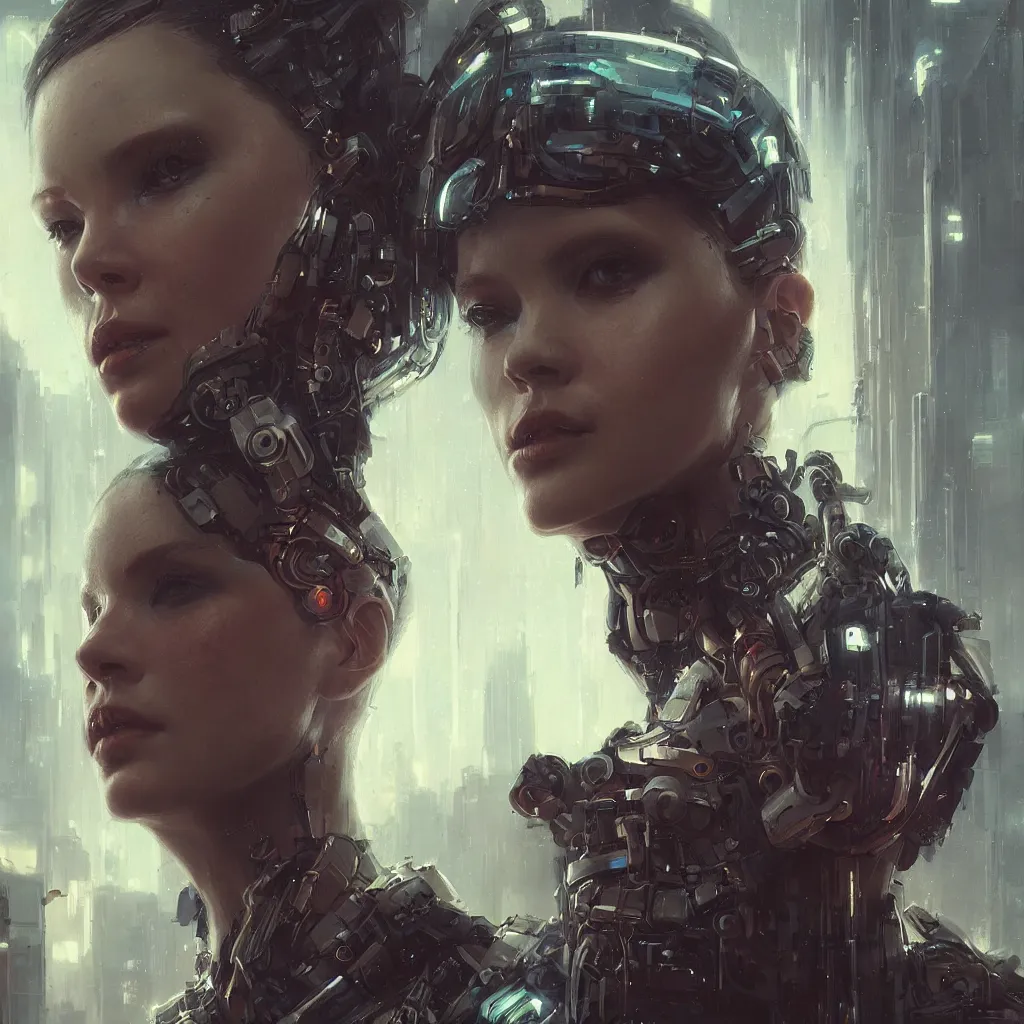 Prompt: portrait of a cyberpunk beautiful young woman by Greg Rutkowski, biomechanical,highly detailed, Blade Runner background, futuristic,digital engine, luminous, vapor