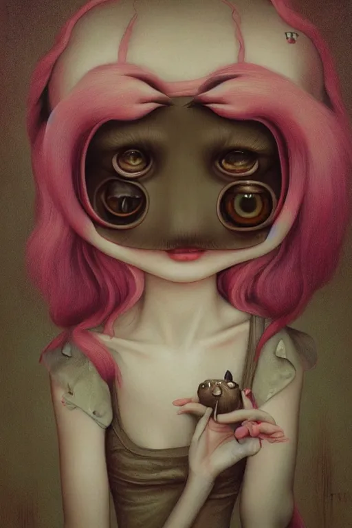 Image similar to pop surrealism, lowbrow art, big eyed realistic cute girl painting, japanese cute fashion, hyper realism, muted colors, trevor brown, mark ryden style