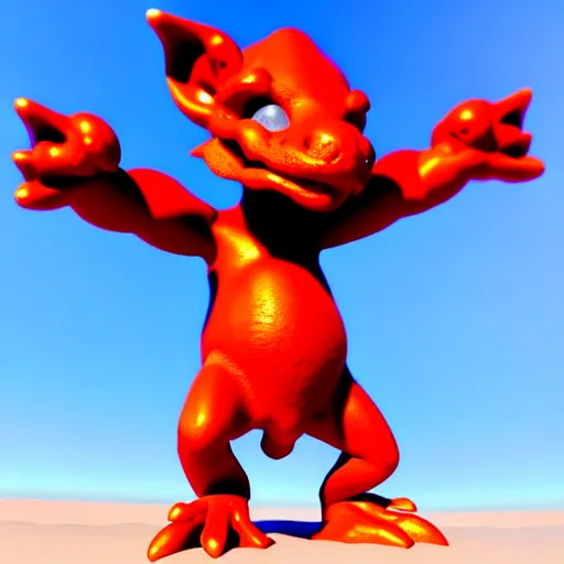 Image similar to Cute red Kobold wearing caveman clothes at a beach, digital art, anime, cartoon shader 3D model