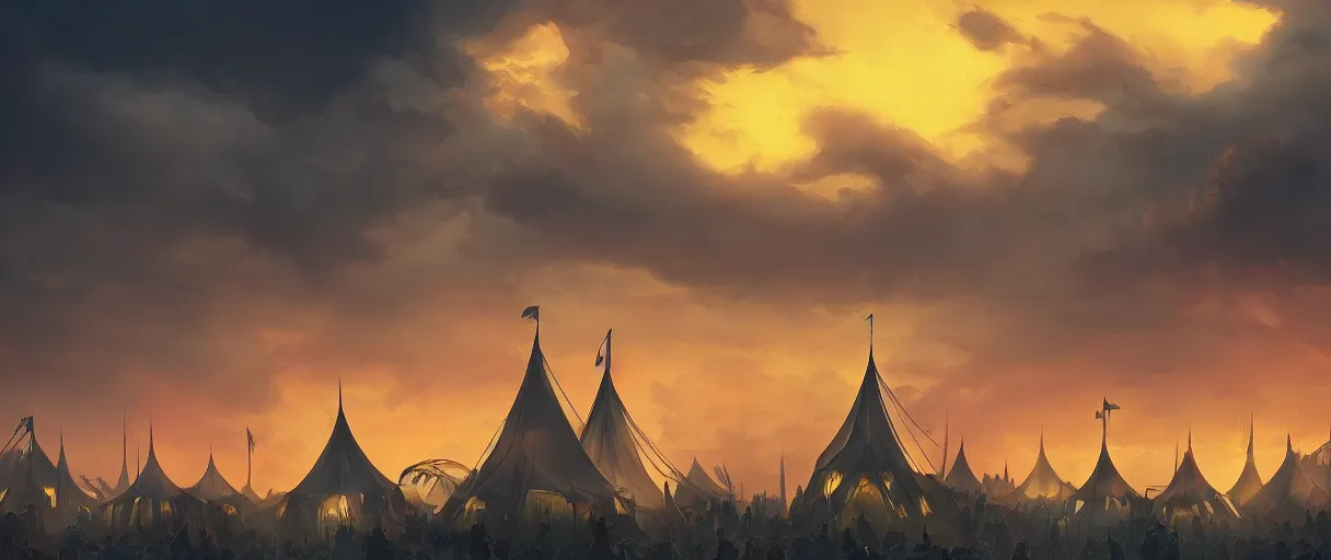 Prompt: beautiful matte painting silhouette of dark colorfull evil circus tents and carnival, dramatic sky, Moebius, frank frazetta, james gurney, thomas kinkade, rodney mathews, beeple, trending on artstation