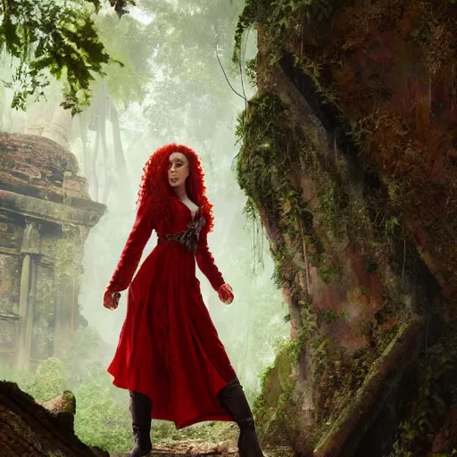 Prompt: portrait of a female draconic sorceress with curly red hair wearing a red dress and a red coat exploring the ruins of an abandoned maya city in the jungle, fantasy, highly detailed, digital painting, artstation, concept art, character art, art by greg rutkowski and tyler jacobson and alphonse mucha