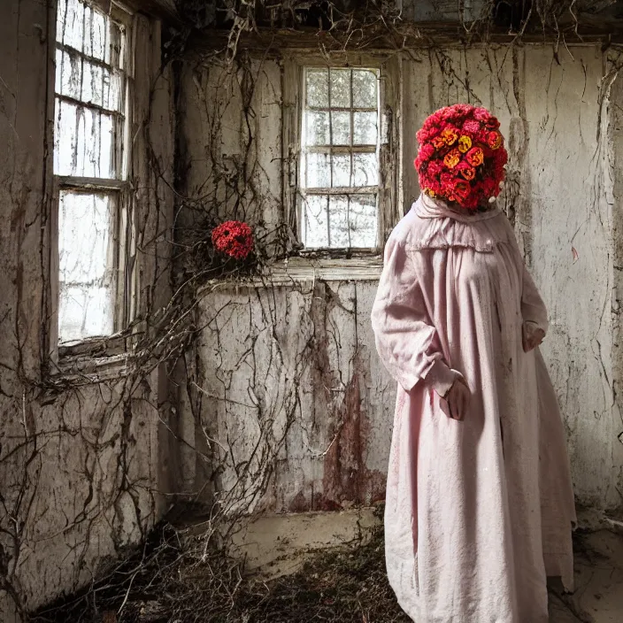 Prompt: a woman wearing a hooded cloak made of zinnias and barbed wire, in a derelict house, by Helen Warner, natural light, detailed face, CANON Eos C300, ƒ1.8, 35mm, 8K, medium-format print