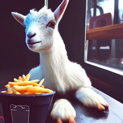 Image similar to a cute baby goat sitting in a booth eating at mcdonalds, mcdonalds interior background, close up of the baby goat, photo