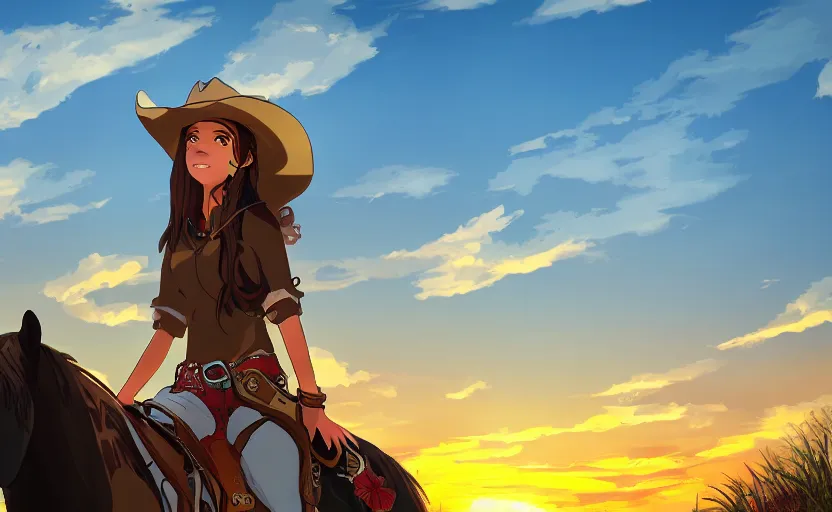 Prompt: a cowgirl watching the sunset peacefully over her farm, anime concept art, 4k