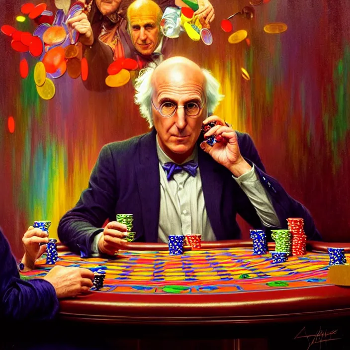 Image similar to bright psychedelic portrait of larry david playing poker, diffuse lighting, fantasy, intricate, elegant, highly detailed, lifelike, photorealistic, digital painting, artstation, illustration, concept art, smooth, sharp focus, art by John Collier and Albert Aublet and Krenz Cushart and Artem Demura and Alphonse Mucha