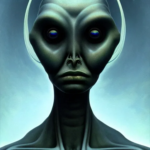 Image similar to female alien, dystopian, artstyle Alex Ries and Zdzisław Beksiński, symmetry accurate features, very intricate details, high resolution, 4k