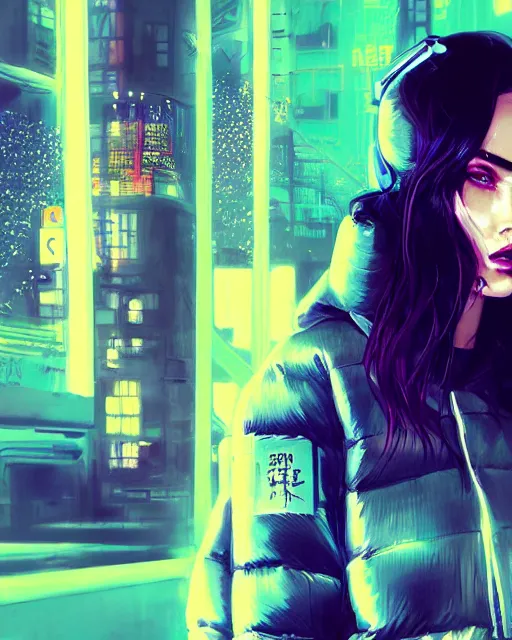 Prompt: detailed portrait megan fox neon operator girl cyberpunk futuristic neon reflective puffy coat, decorated with traditional japanese ornaments by ismail inceoglu dragan bibin hans thoma greg rutkowski alexandros pyromallis nekro rene margitte illustrated perfect face, fine details, realistic shaded, fine - face, pretty face