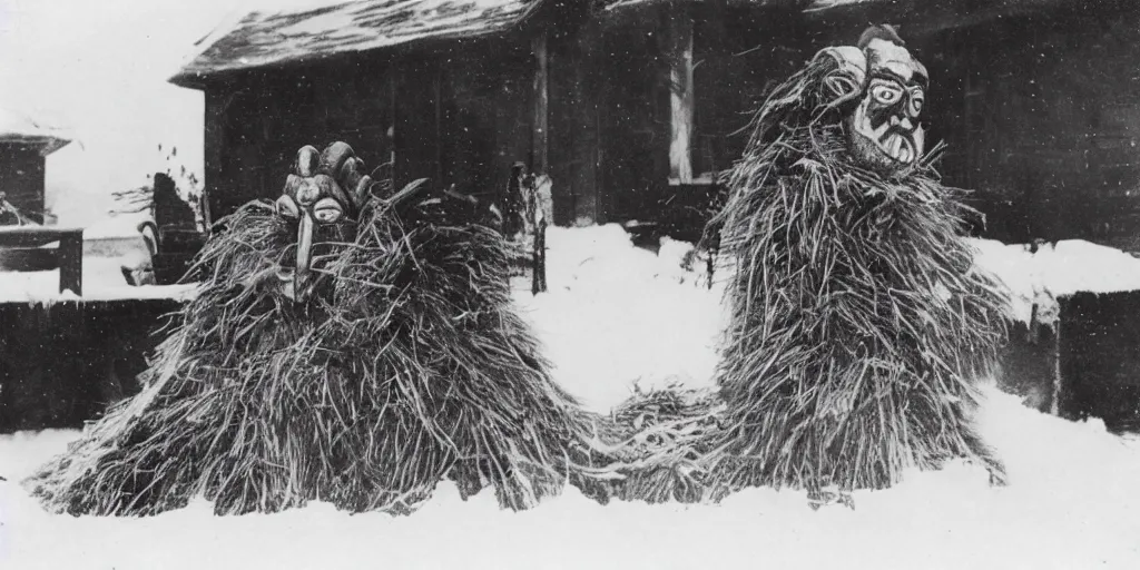 Image similar to 1 9 2 0 s photography of krampus hay monster burning on a pyre, submerged in snow