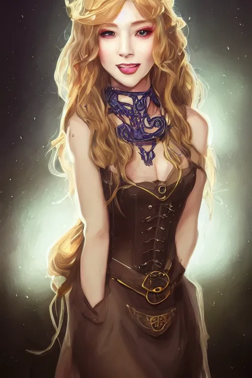 Image similar to portrait of a gorgeous young female artificer, looking at camera, D&D, choker on neck, stylish dress, mouth slightly open, cute slightly nerdy smile, very long flowing hair, intricate, elegant, stylish, fantasy, extremely detailed, digital painting, artstation, concept art, smooth, sharp focus, illustration, stunning lighting, art by artgerm and greg rutkowski and alphonse mucha and simon stalenhag