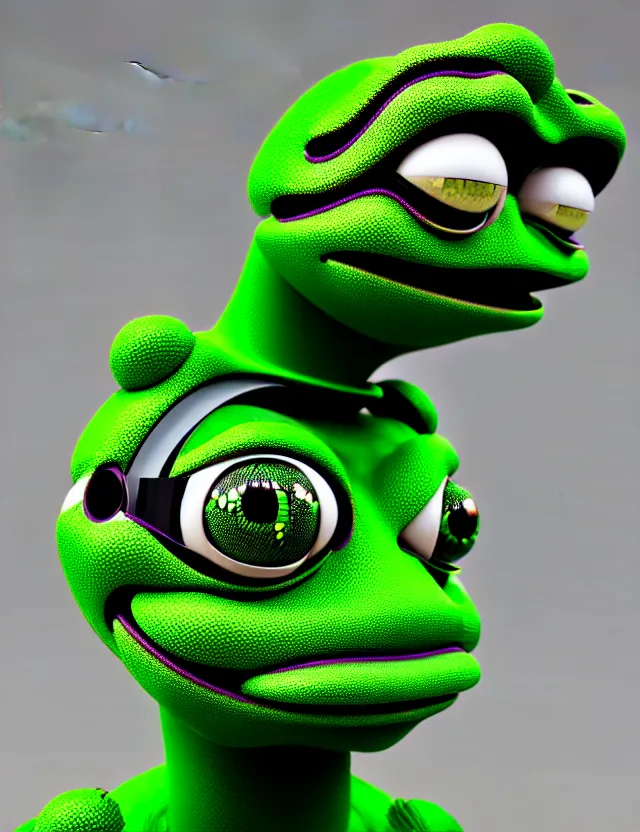 Prompt: complex 3 d render of a beautiful pepe the frog face robot, green and black, fractal veins. dragon cyborg, 1 5 0 mm, beautiful natural soft light, rim light, gold fractal details, fine lace, mandelbrot fractal, anatomical, glass, facial muscles, elegant, ultra detailed, metallic armor, octane render, depth of field