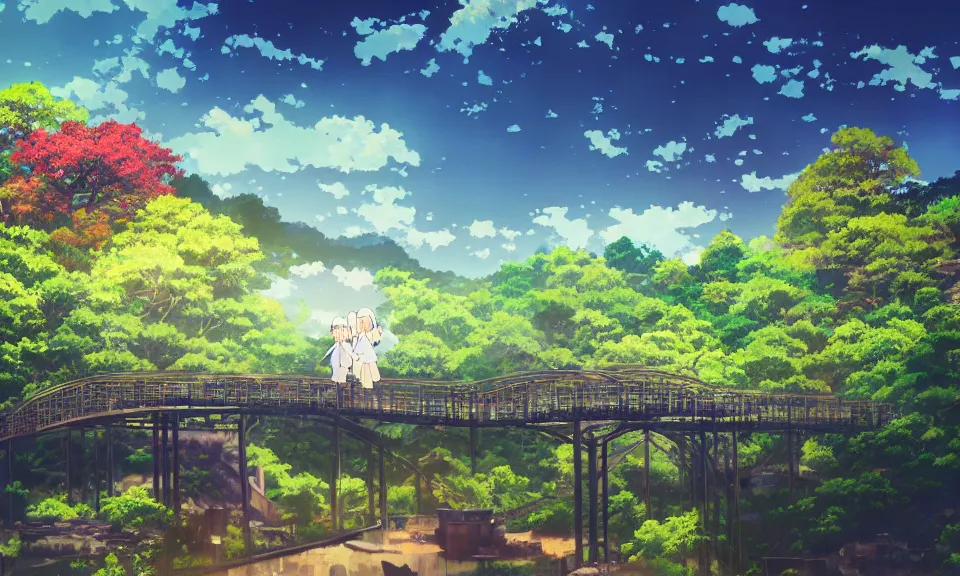 Image similar to kyoto animation still of confusion and fear, bridge, rural landscape, wide shot, dynamic lighting, vivid colors, high detail, award winning