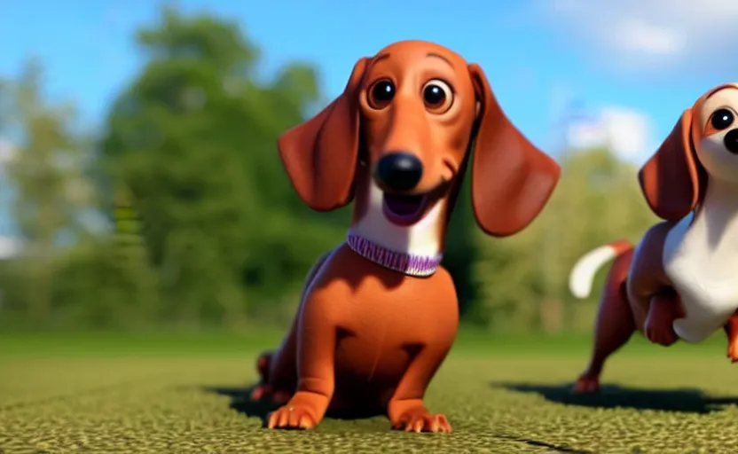 Prompt: happy dachshund catching a ball, detailed fur, soft, suit, suitcase, business outfit, cgi, 3 d animation, pixar