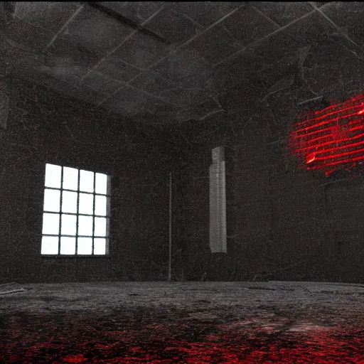 Image similar to cctv of an extremely dark empty abandoned building with glowing humanoid cryptid made out of television static, dark deep black shadows, red and black color contrast in the style of trevor henderson and james ensor goya, liminal space, 3 d octane render, glitch effect