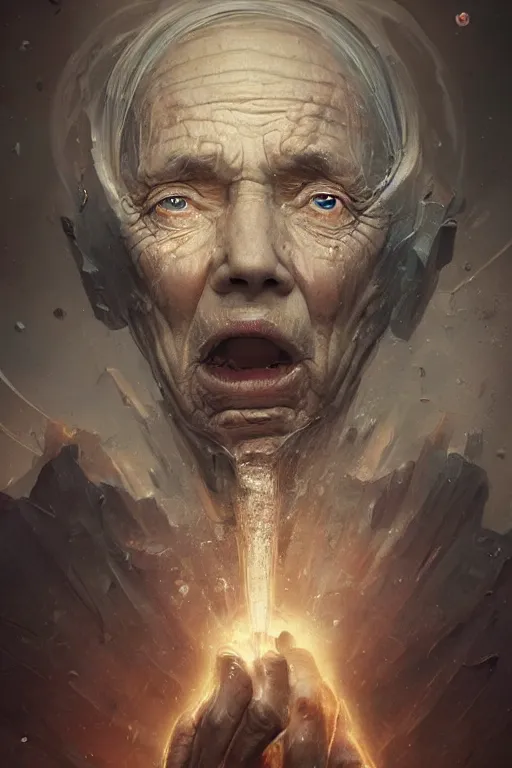 Image similar to the look of an elderly person full of wrinkles and imperfections comes out of a tornado by artgem and greg rutkowski, highly detailed, high contrast, light reflection, trippy, nebula, trending on artstation