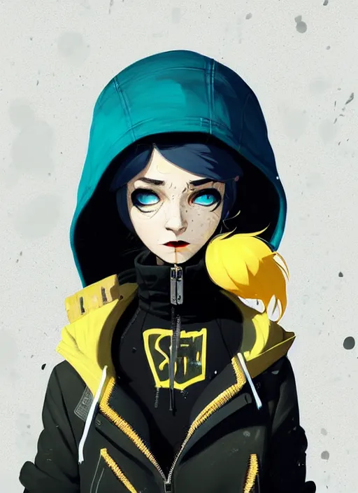 Prompt: highly detailed portrait of a sewer punk lady student, blue eyes, leather hoodie, hat, white hair by atey ghailan, by greg tocchini, by james gilleard, by kaethe butcher, gradient yellow, black, brown and cyan color scheme, grunge aesthetic!!! ( ( graffiti tag wall background ) )